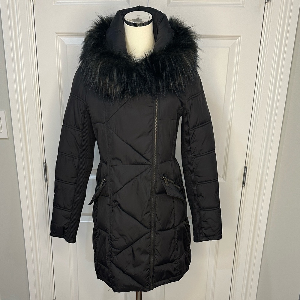 French Connection Black Asymmetric Puffer Faux Fur Trim Quilted Warm Coat Size M